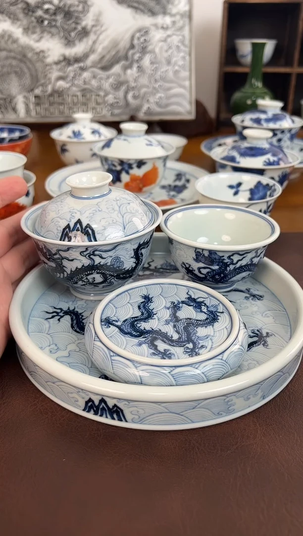 沫*照夜白青花淡海水龙4件套