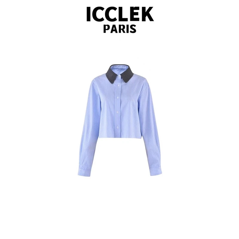 ICCLEK 蓝色撞色翻领衬衣 设计感 洋气 气质 -5181