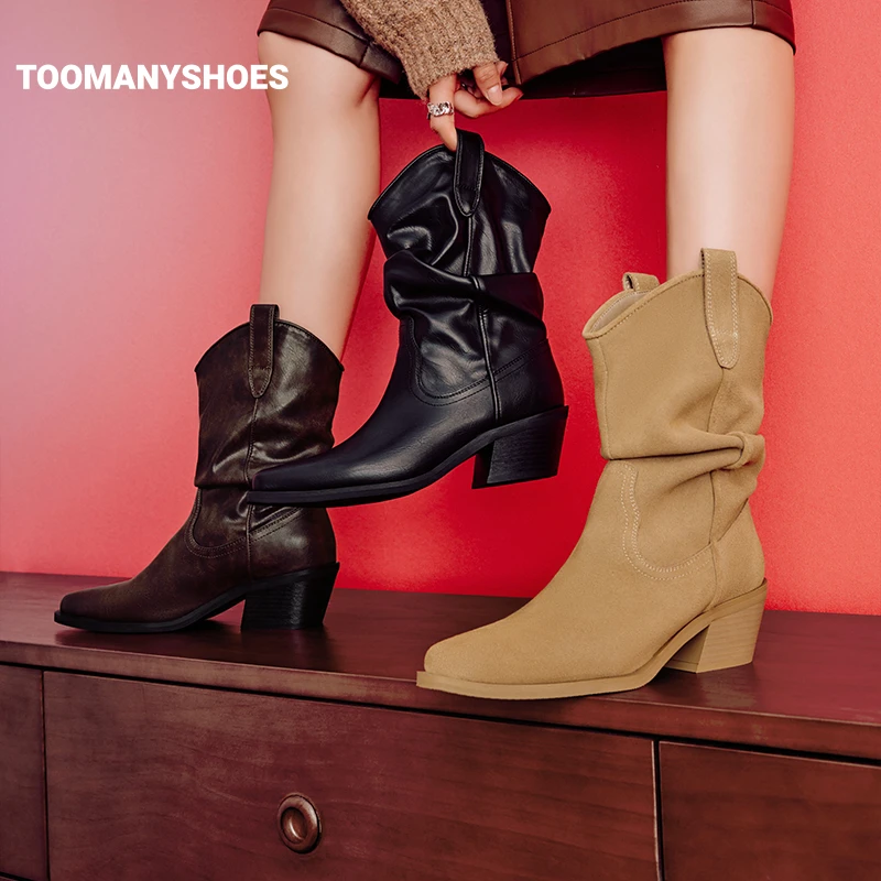 Toomanyshoes靴子秋日记忆中筒骑士尖头短靴显瘦堆堆靴