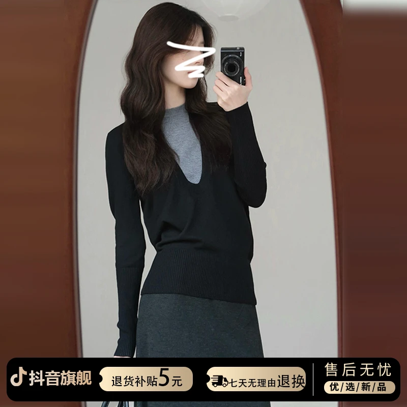 2025新款春季穿搭黑灰撞色假两件长袖T恤上衣女内搭针织打底小衫