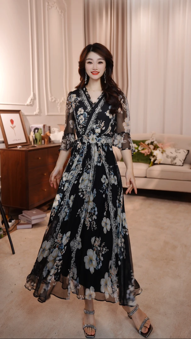 【恋恋花影】25年时尚名媛风优雅气质收腰高端连衣裙