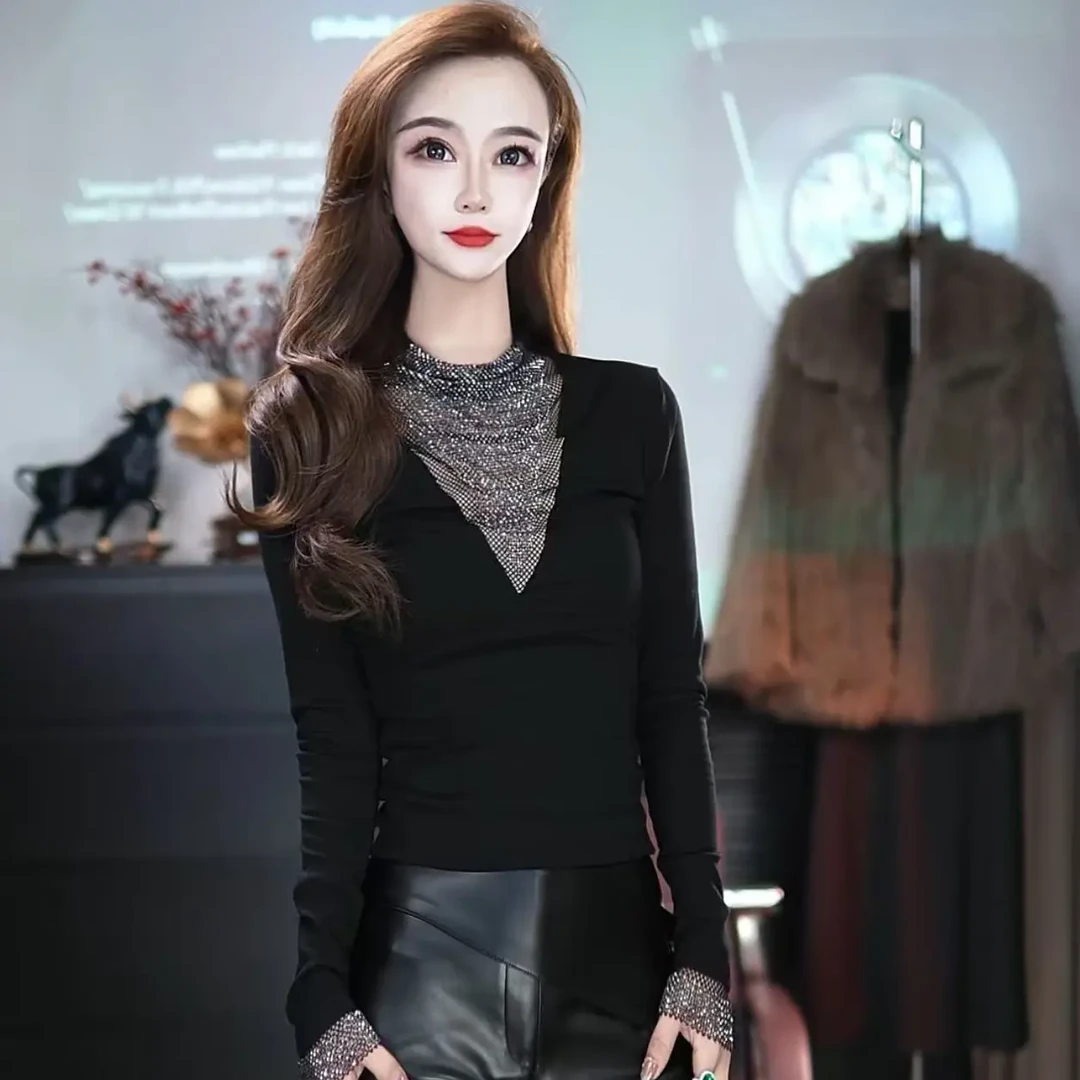 叶子定制加绒打底衫女秋冬性感镂空长袖T恤时尚烫钻上衣内搭小衫