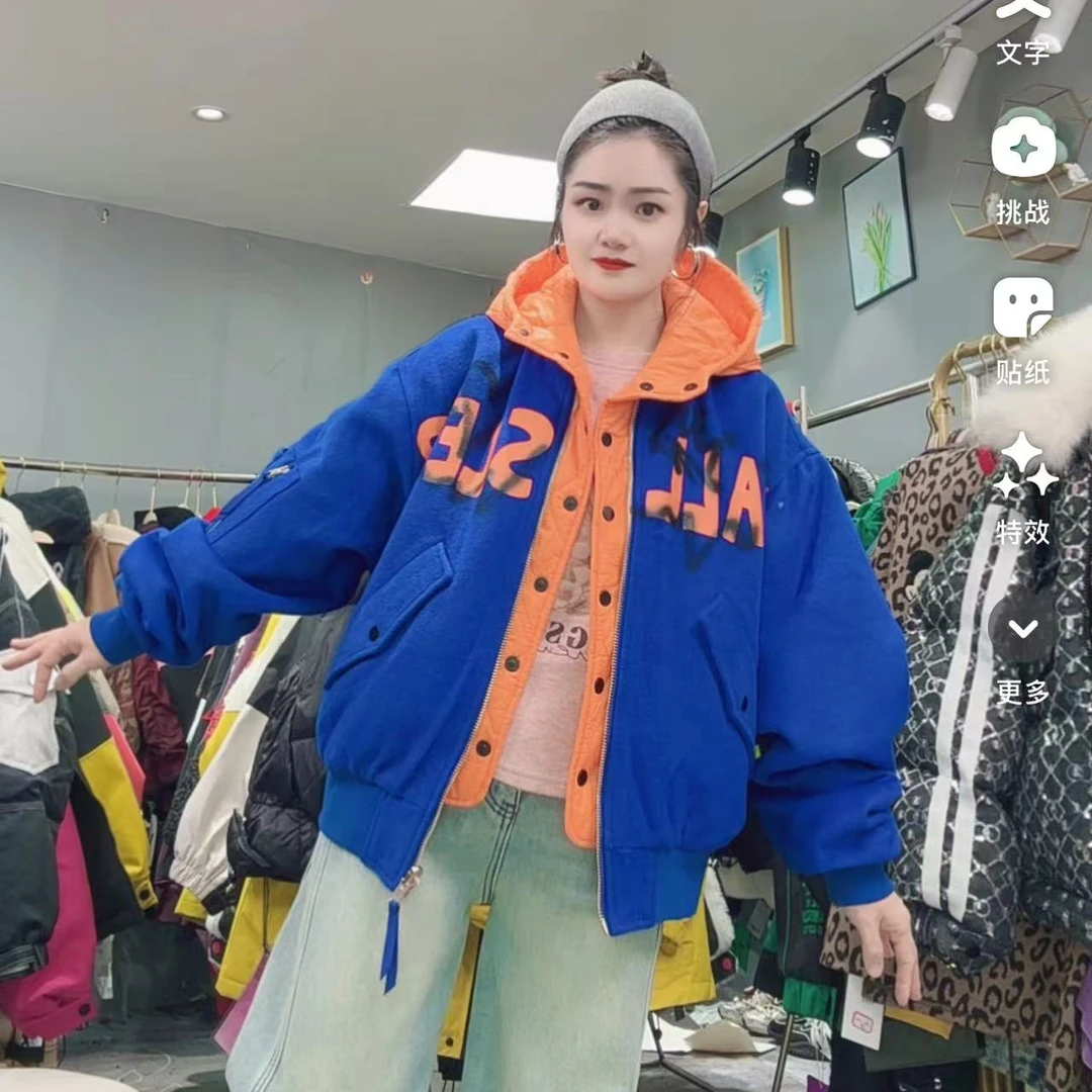 LY家4072#R.D冬季字母印花拼接加棉两面穿宽松百搭外套