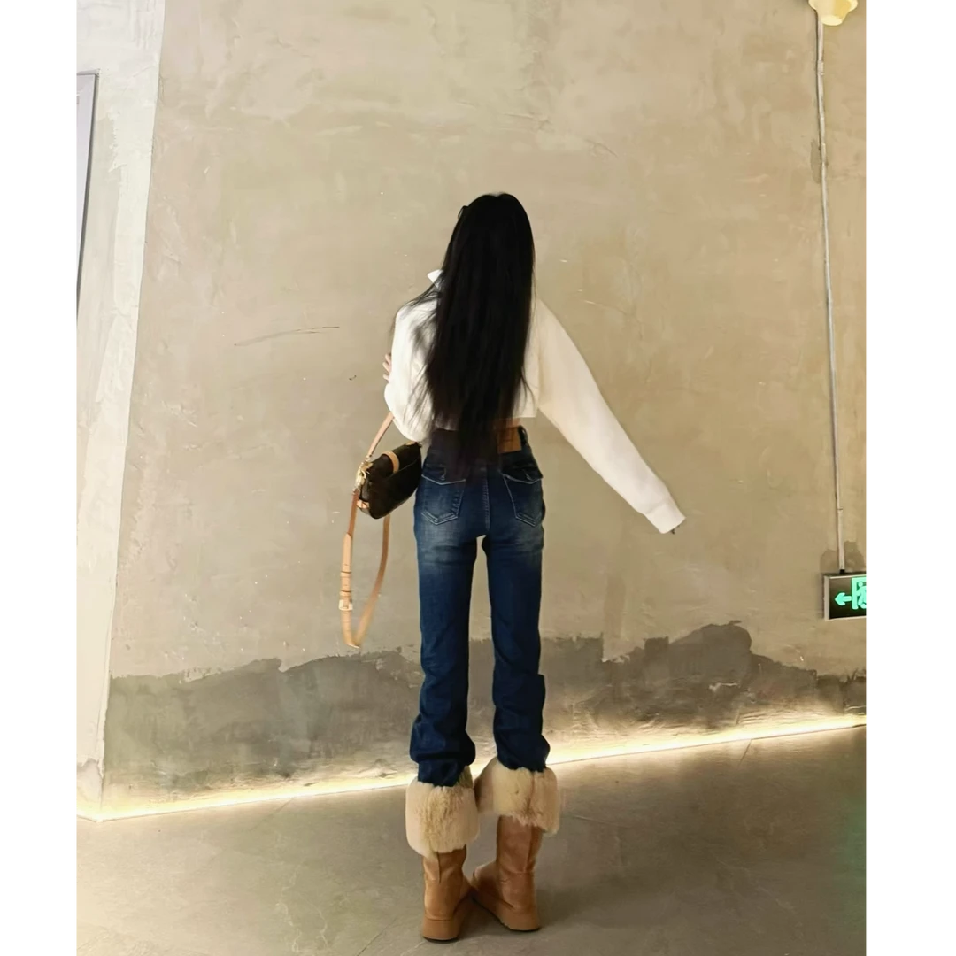 猫猫家加长女裤秋冬加绒加厚复古牛仔裤设计感辣妹弹力兜盖5830