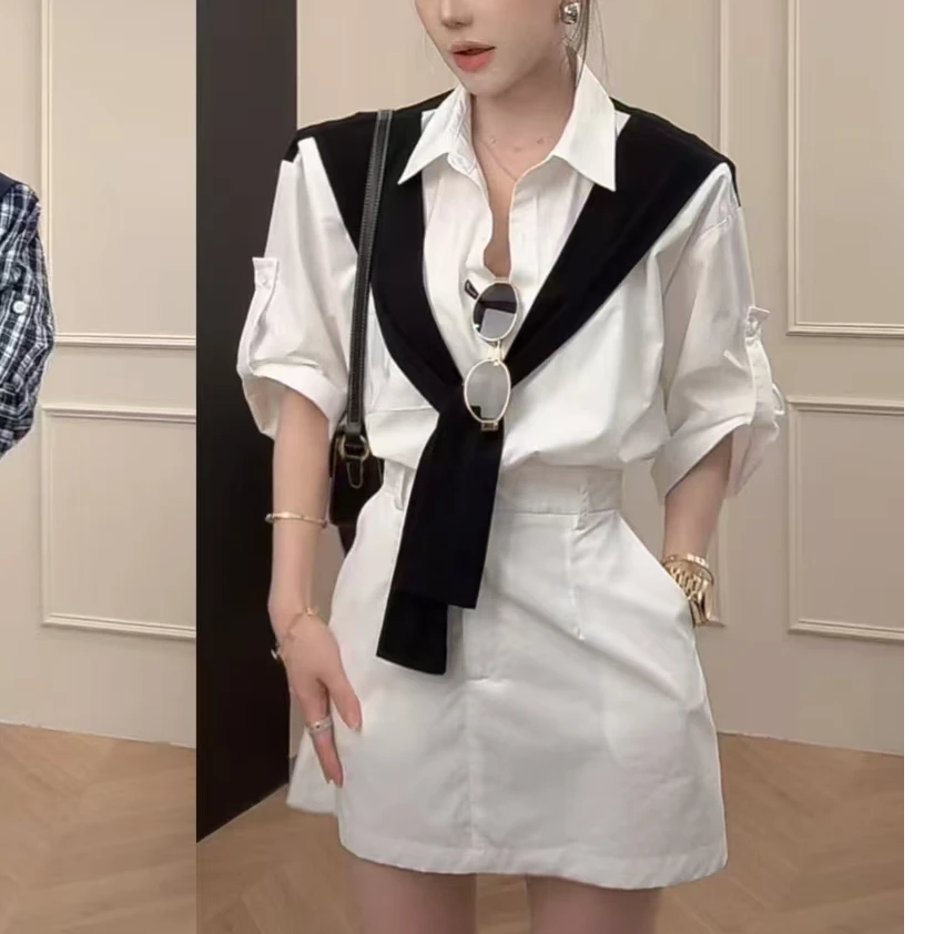 韩版气质撞色拼接披肩收腰显瘦洋气衬衫连衣裙2025夏季设计师