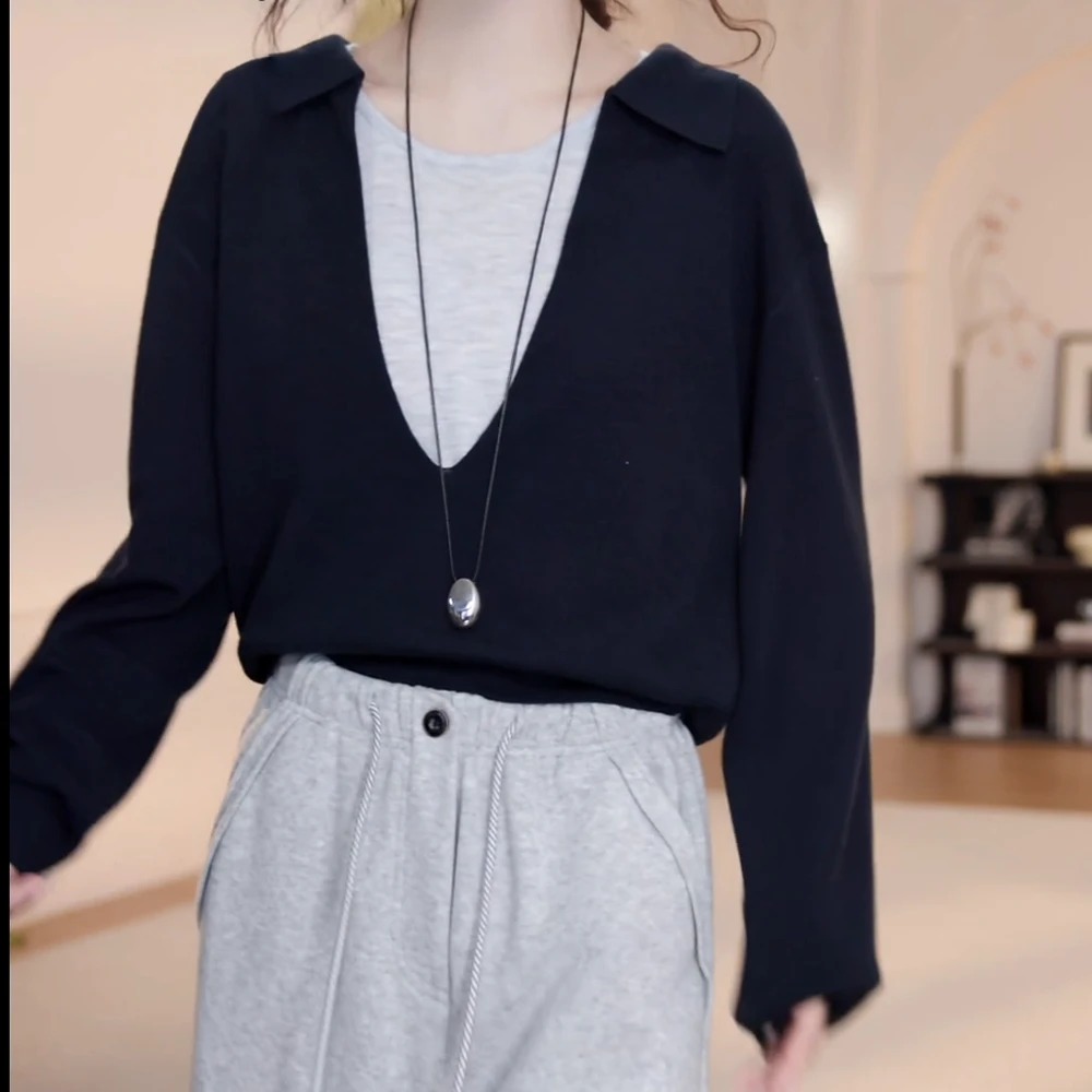 早秋百搭V领假两件毛织长袖C5886