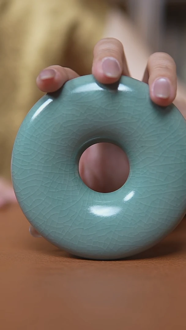 瓷片仿古翡翠绿釉甜甜圈盖置杯垫微瑕