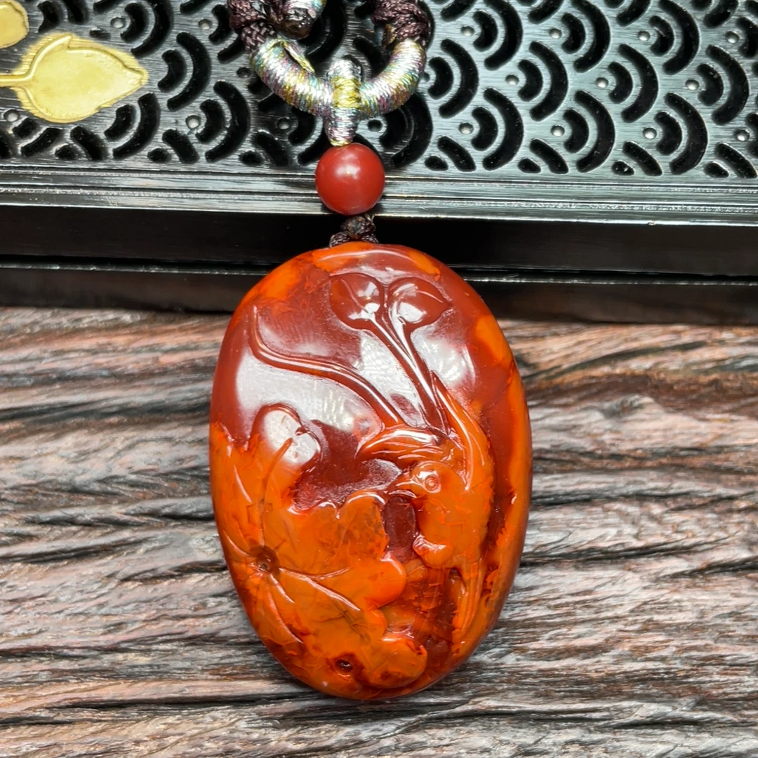 保正保真川料南红玛瑙喜上眉梢吊坠火焰纹花牌苏工雕刻挂件男女款