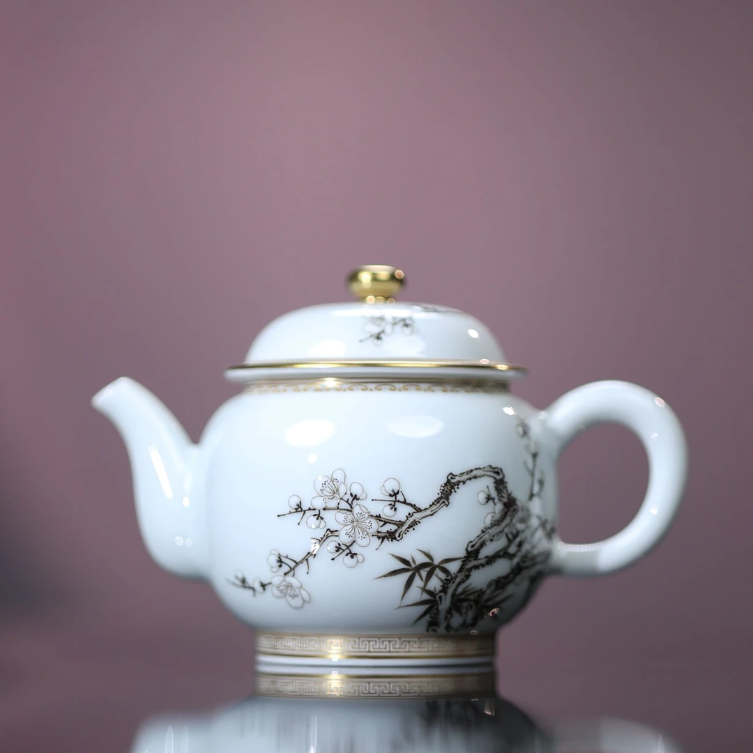 徐窑 墨梅将军壶 景德镇手绘粉彩茶壶泡茶精美茶礼赠手工
