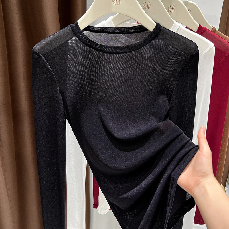 性感纯欲黑色网纱打底衫女2025春季圆领长袖薄款透视内搭上衣显瘦