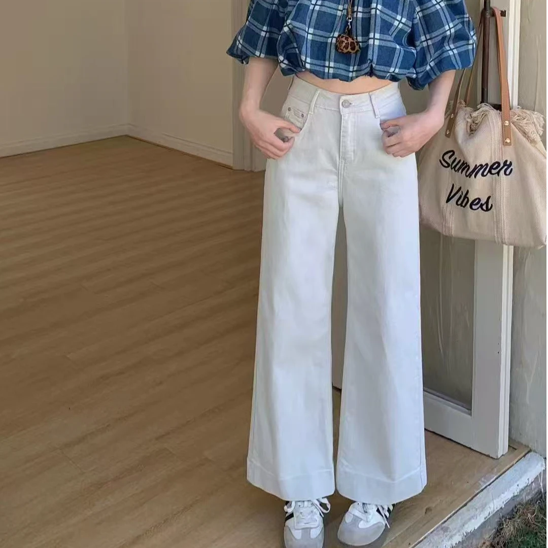 韩系气质百搭小众通勤宽松显瘦重工水洗九分牛仔阔腿裤H4912