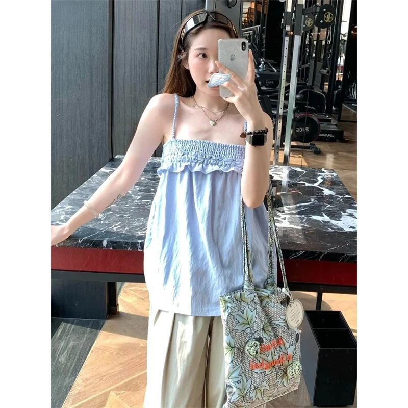 气质小衫夏轻奢高级感法式小资独特漂亮减龄时尚俏皮蓝色吊带上衣