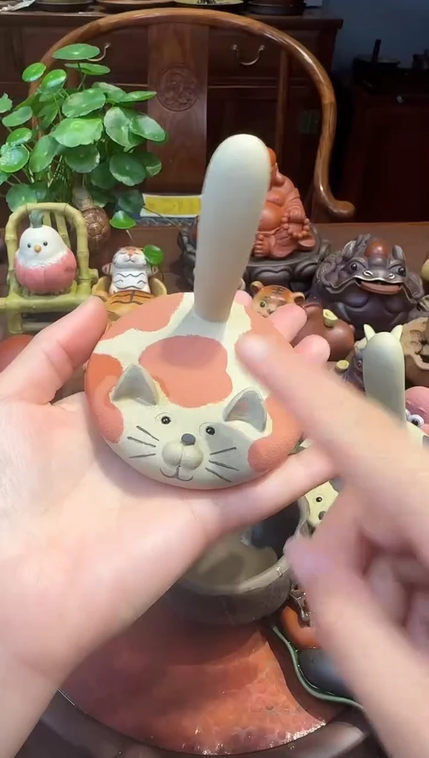 紫砂茶宠猫咪支架橘粉色