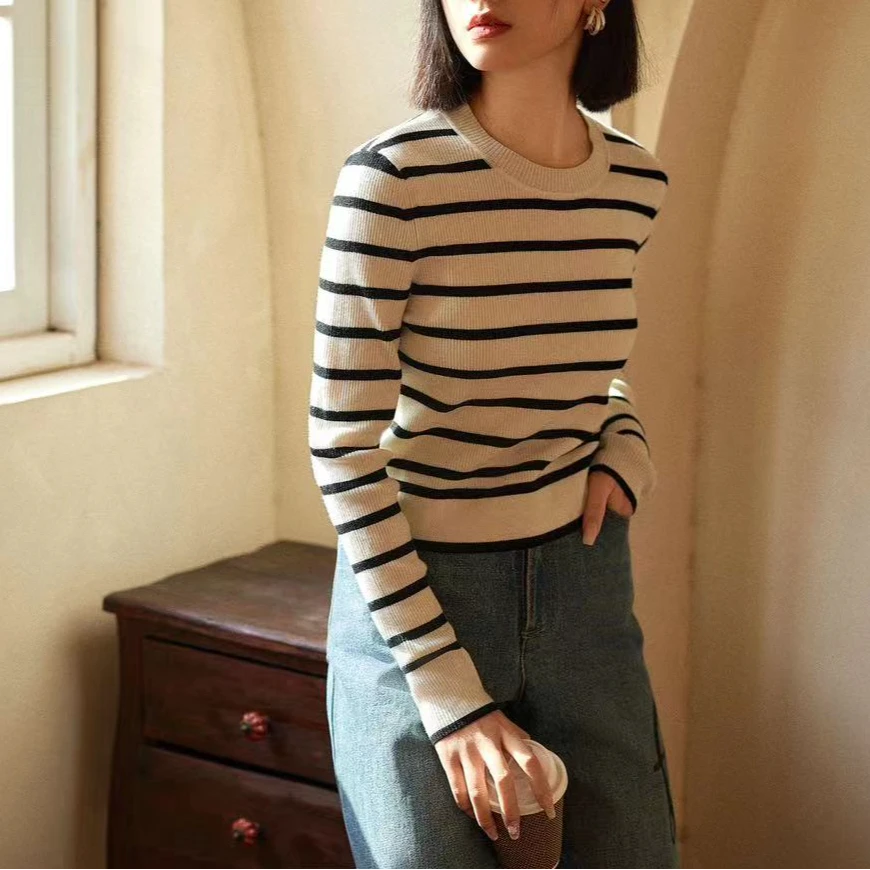 换品牌撤柜商品不退换（介意勿拍）条纹修身百搭针织套头739486