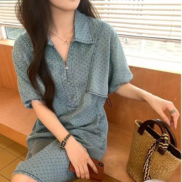 【反季现货-NAZ佳怡高端定制】高级感显瘦法式波点牛仔花苞连衣裙