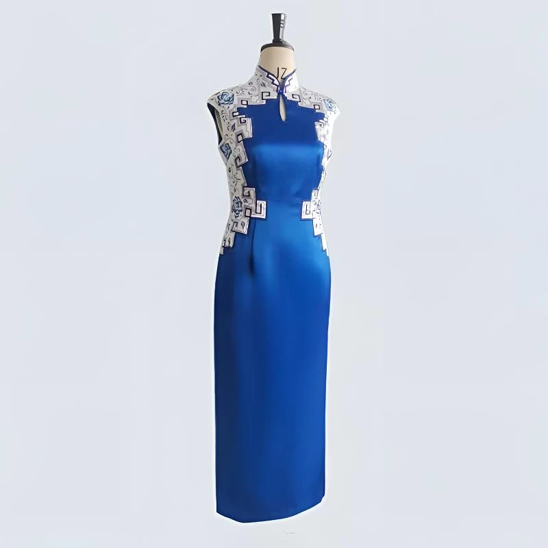 格格   宝蓝优雅气质修身拼接绣花开衩长中国风礼服  6126090148