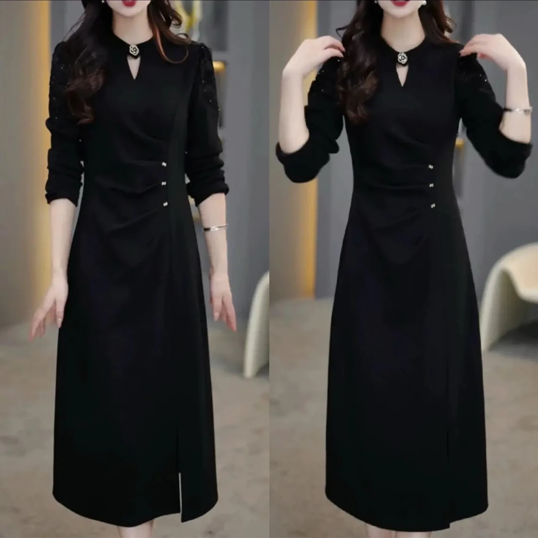 2025春季新款纯色开叉连衣裙修身裙子