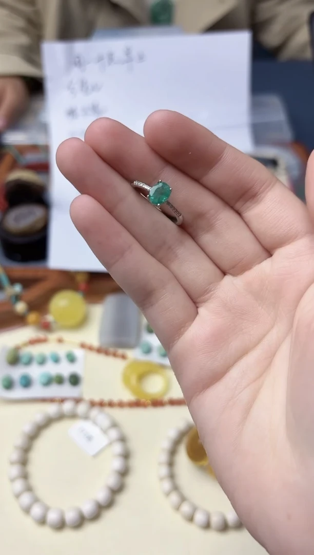 银S925镶嵌戒指祖母绿s925银祖母绿戒指YX