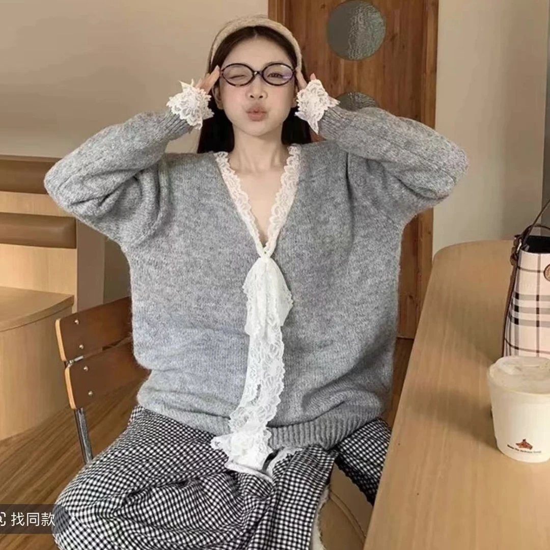 114慵懒气质可爱蕾丝拼接上衣长袖时尚休闲百搭宽松韩版温柔