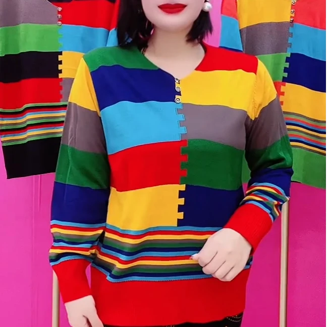 潮流新品五彩拼色小衫女装春秋休闲风V领宽松遮肉打底洋气妈妈装