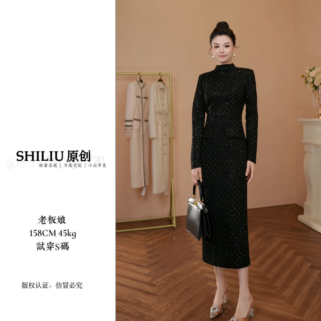 【十六定制】新款女装重工烫钻修身显瘦连衣裙女气质打底长款21624