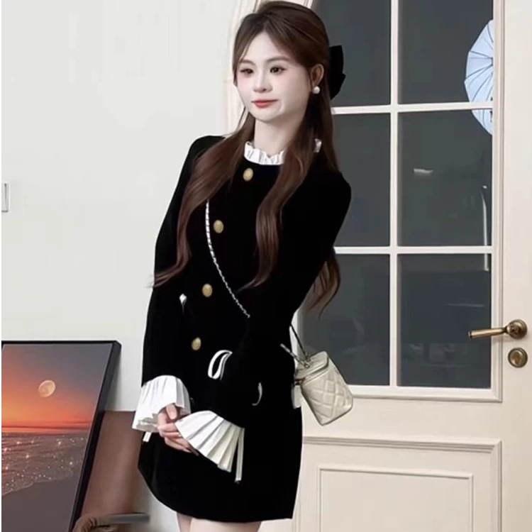 【清货】小香赫本风黑色打底连衣裙子女装秋冬季2024年新款1672