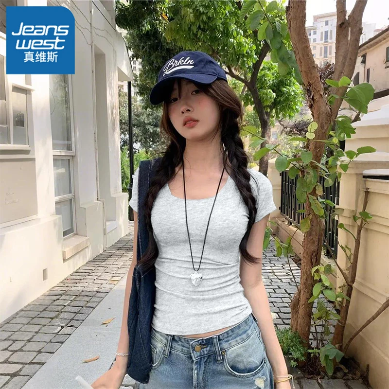 真维斯短袖女款爆款2025新款显瘦甜美正肩方领t恤女洋气百搭上衣