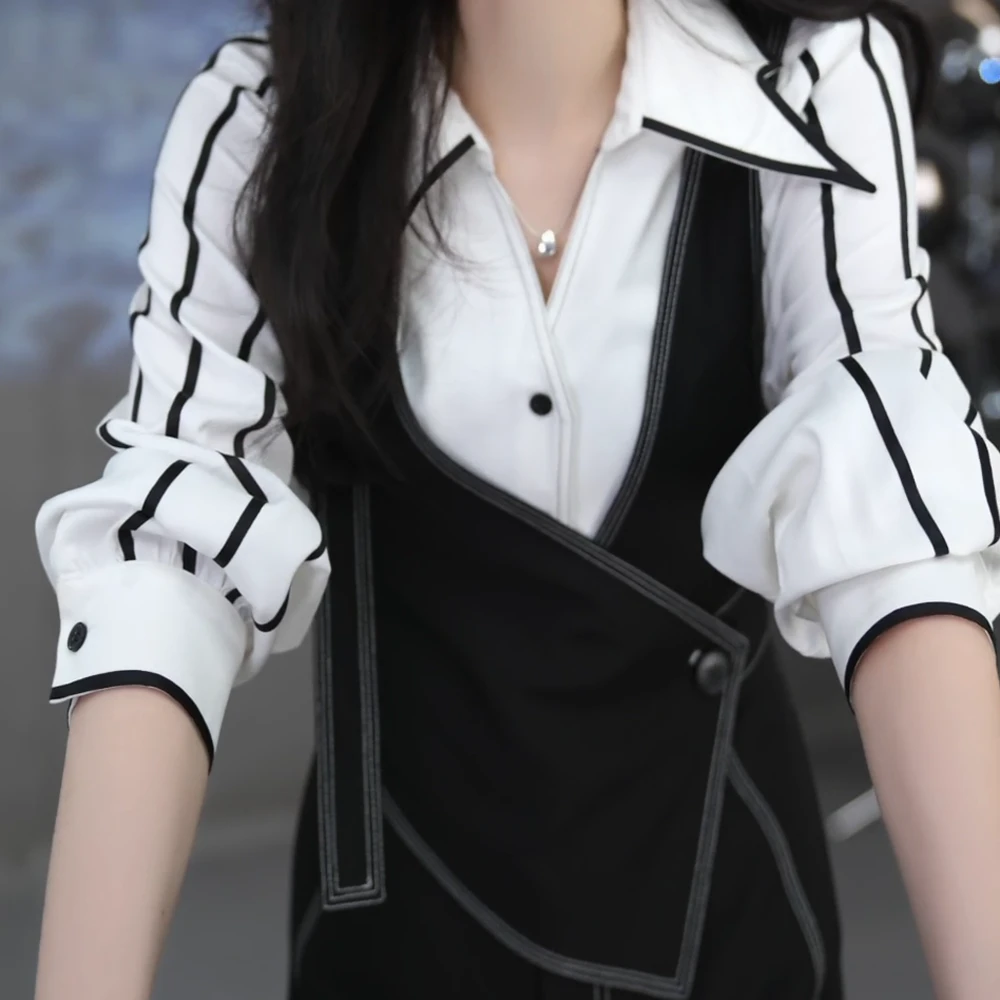 明媚少女 撞色拼接设计翻领长袖衬衫通勤直筒长袖衬衣女