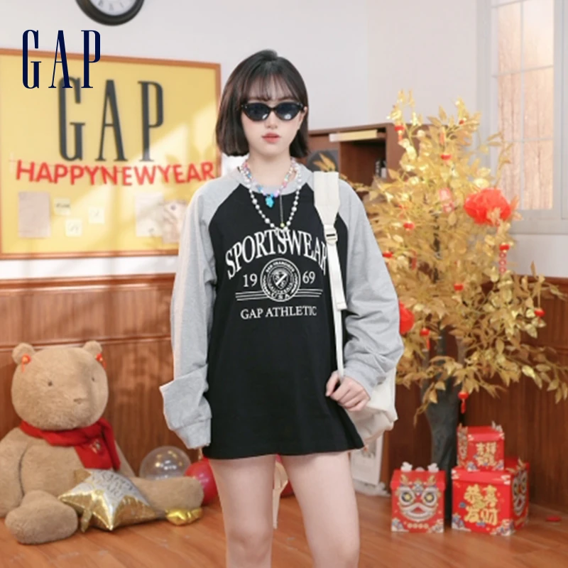 Gap男女装2025春季新款纯棉印花logo插肩长袖T恤美式校园风723839