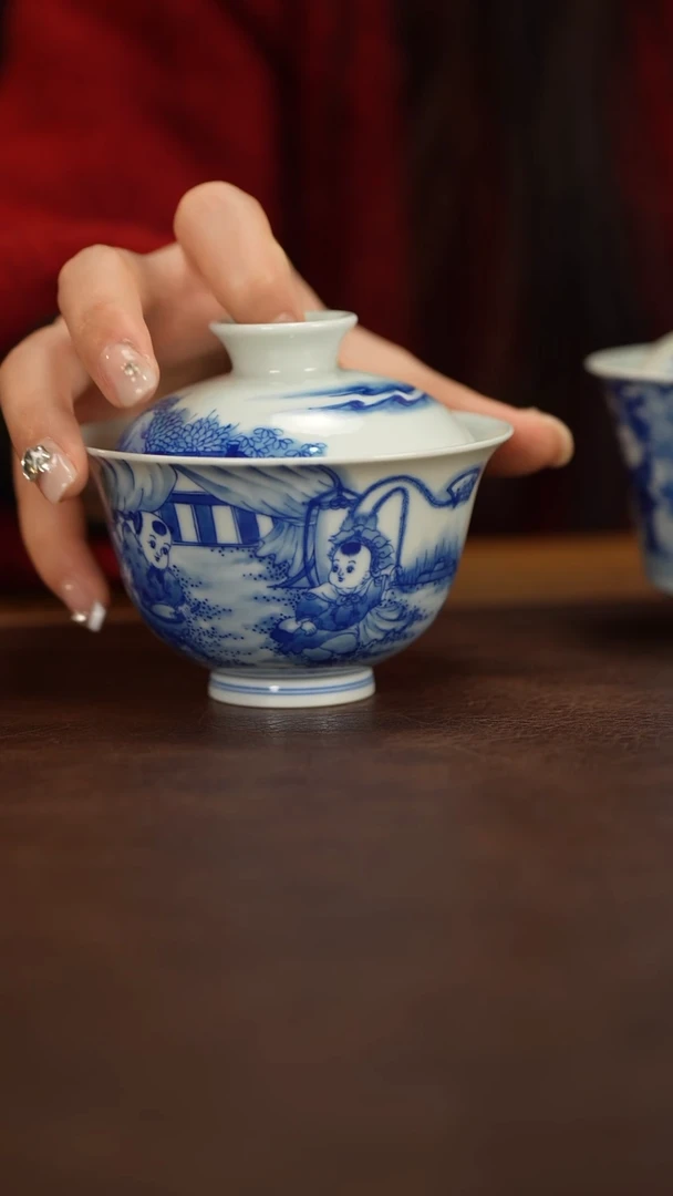 【闪购商品】晓剑窑青花童子盖碗