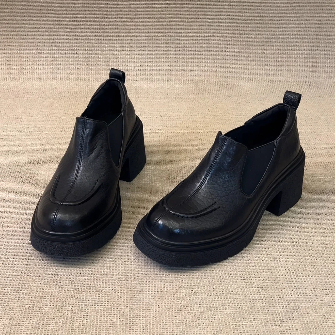 RubyL/7cm复古通勤舒适百搭一脚蹬圆头深口厚底粗跟乐福鞋女款