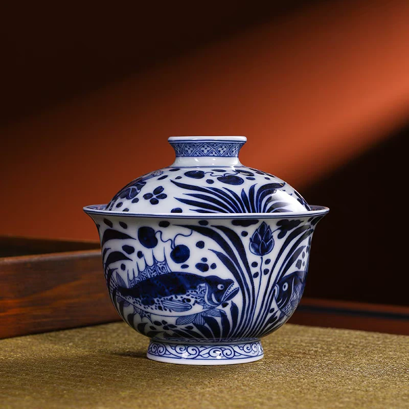 景德镇手工手作釉下彩元青花鱼藻纹高端茶具陶瓷二才元宝盖碗