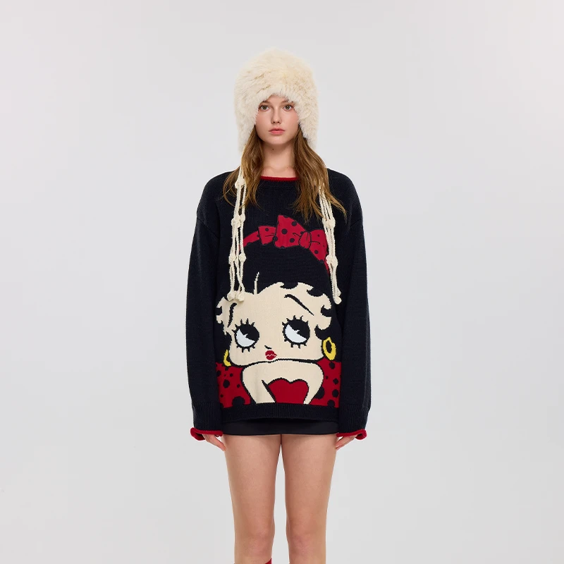 河岸家设计师OooFYang宽松黑色发卡女孩绣花套头毛衣女25秋冬