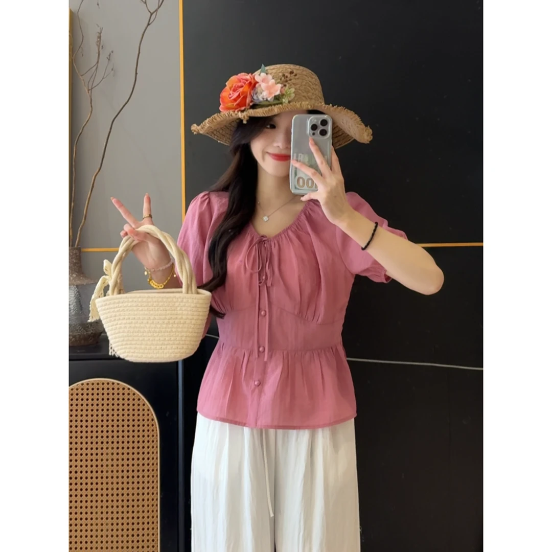 【欧加粒粒】2025夏韩版简约气质大方系带款圆领短袖衬衣H82505