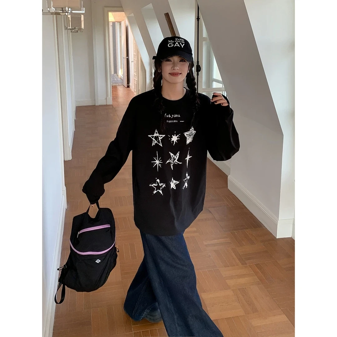 学院风星星印花纯棉长袖T恤黑色女春秋季新款ins宽松慵懒风百搭
