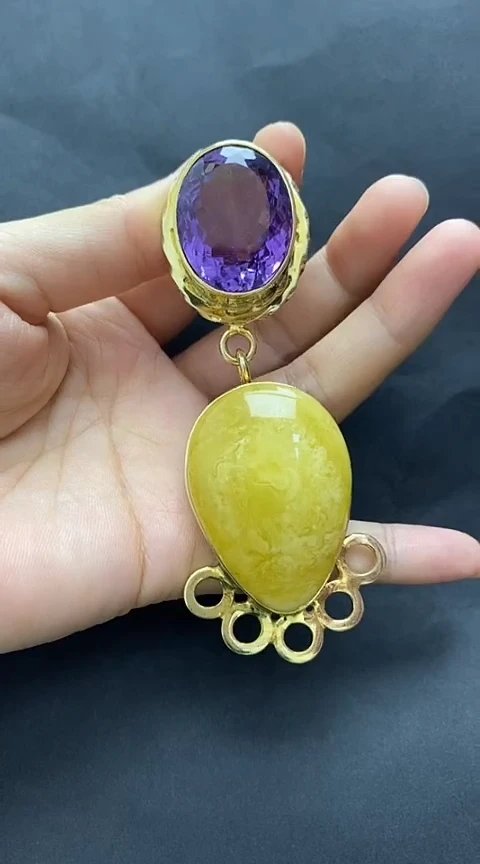 银S925镶嵌琥珀裸石琥珀吊坠