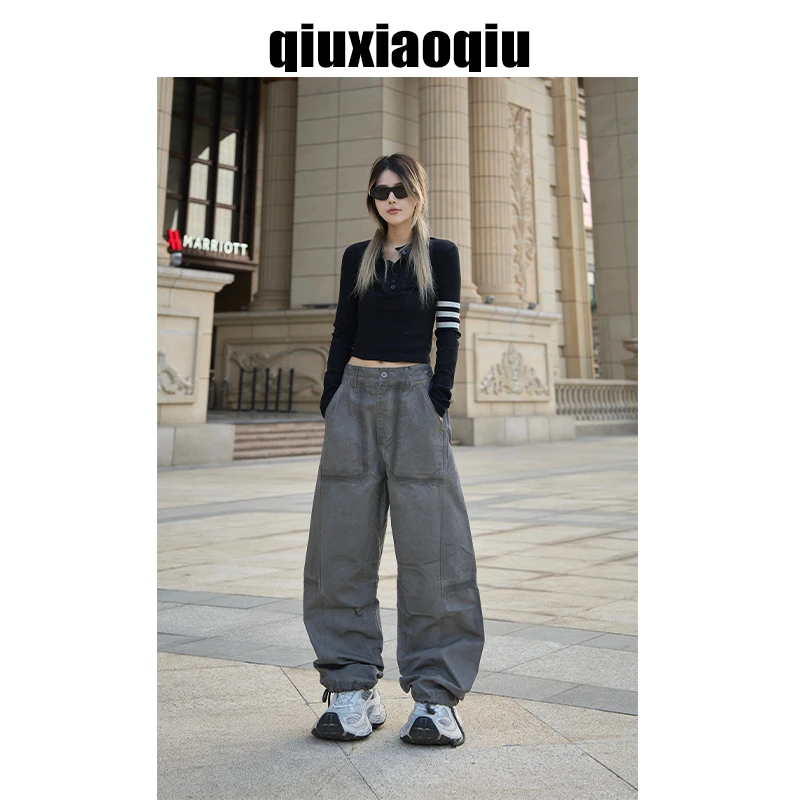 【Qiuxiaoqiu】25ss重工脏染水洗做旧美式复古宽松伐木弯刀休闲裤男
