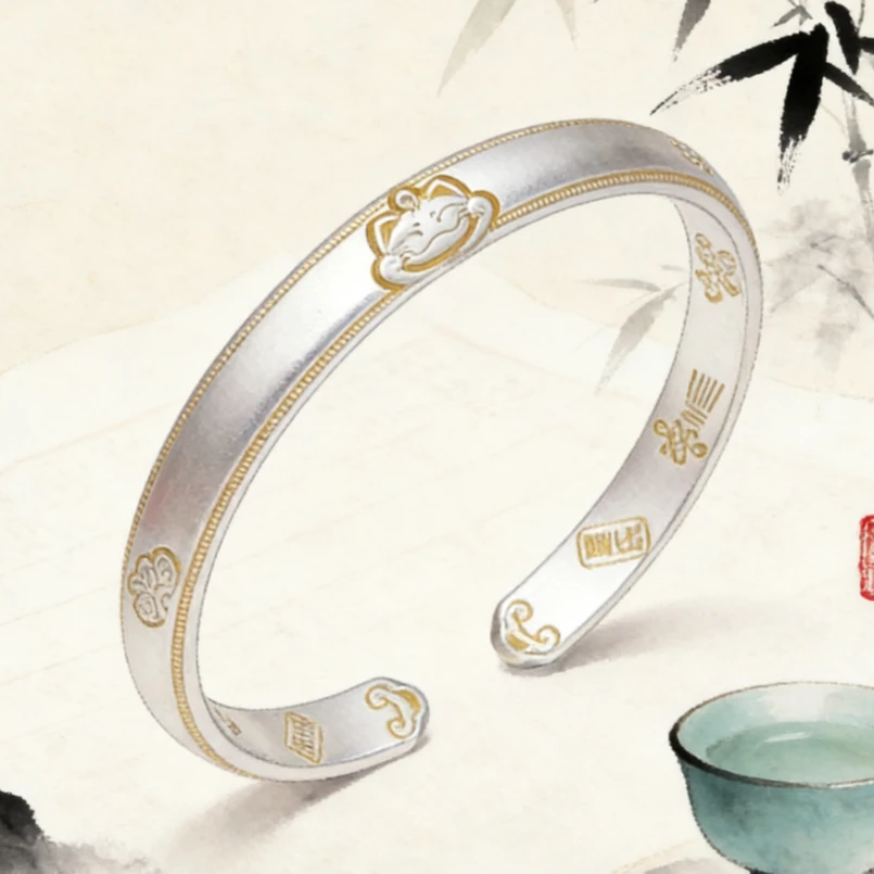 足银手镯 足银9999.9 18 描金猫爪镯 时尚复古实心精美