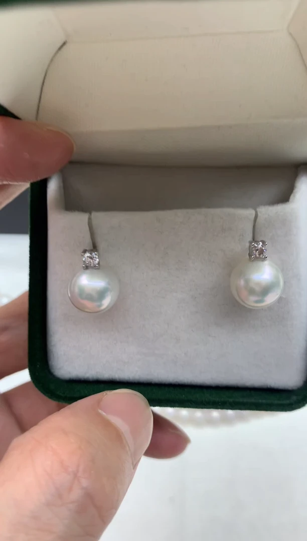 银S925镶嵌ff淡水珍珠白珠耳饰10~11mm