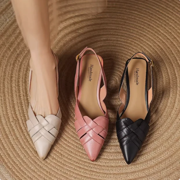 粉色编织百搭牛皮中跟尖头后空浅口后绊带包头罗马凉鞋女LD7329