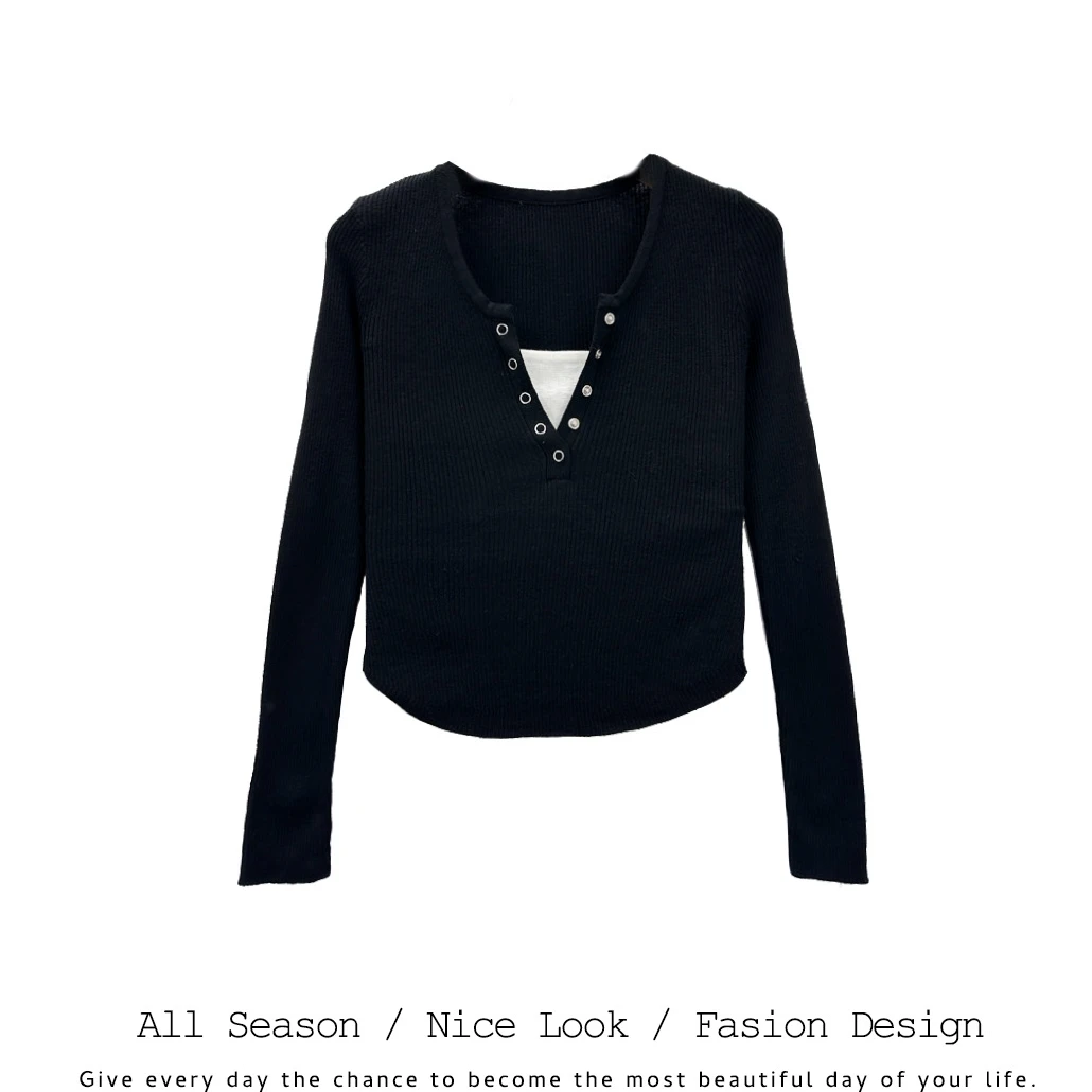 891 V领假两件正肩长袖t恤女春季设计感小众打底衫内搭上衣 #2951