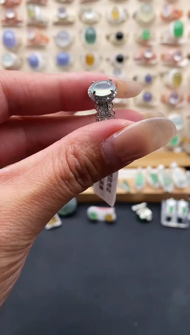 银S925镶嵌戒指翡翠缅甸天然A货翡翠1 6-7