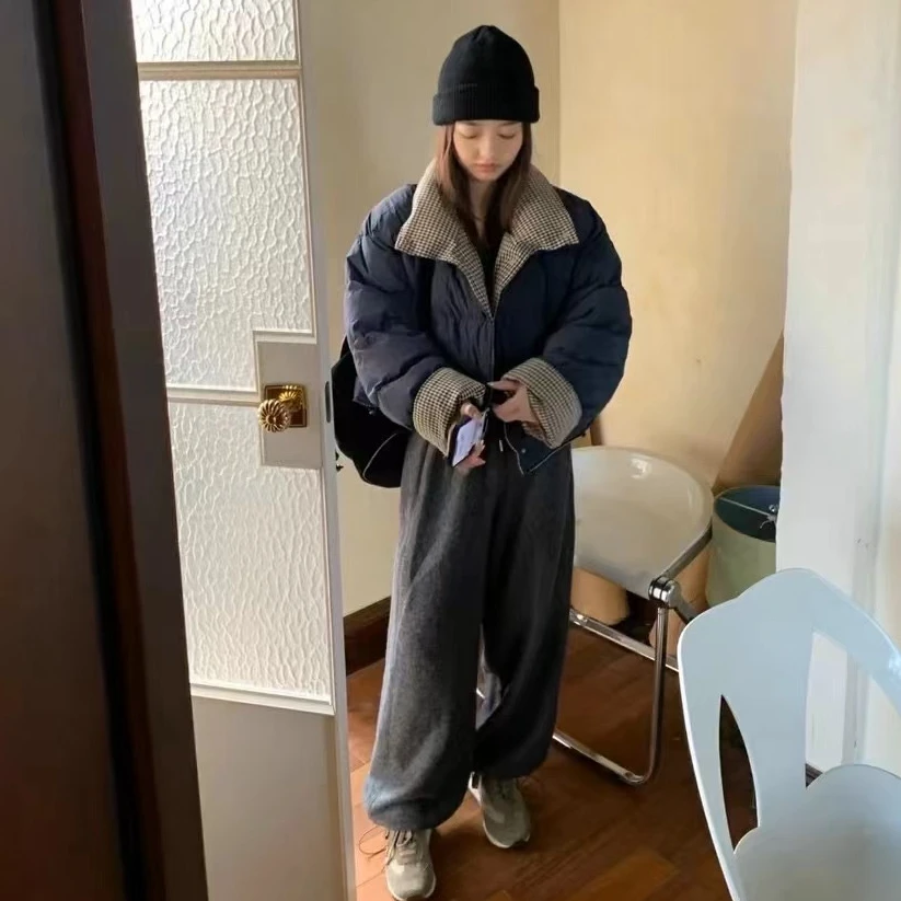 【里物】格子拼接双面穿白鸭绒羽绒服短款