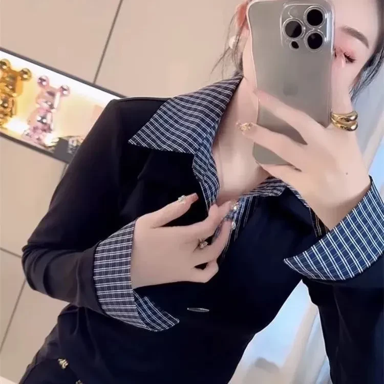 2025年春季新款格子秋季修身显瘦新款设计假两件打底拼接上衣长袖