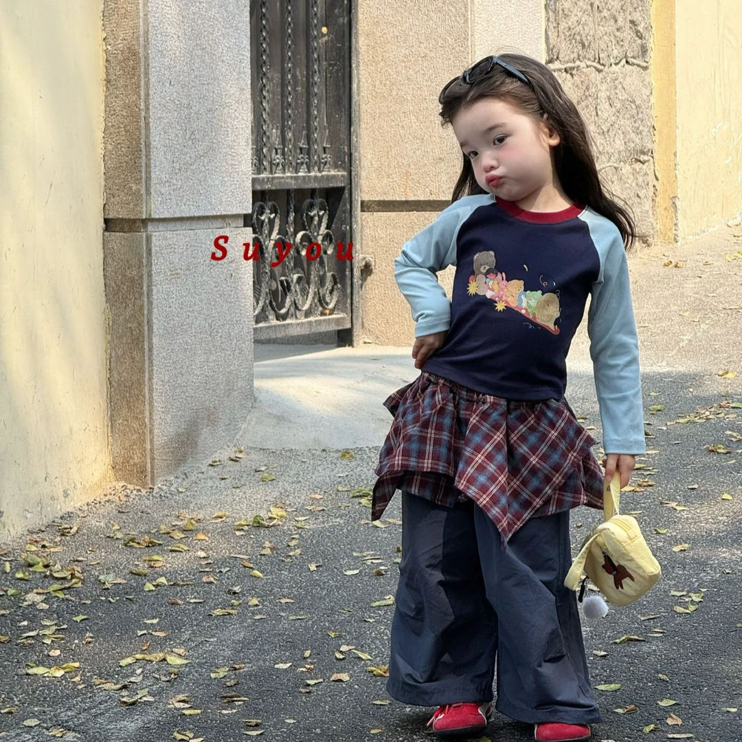 【Suyou】25秋～女童小熊印花上衣➕格子拼接休闲裤663015