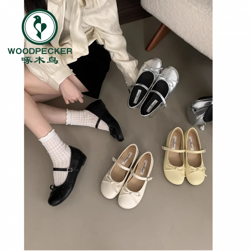 啄木鸟内增高银色蝴蝶结玛丽珍单鞋女鞋2025年爆款仙女风芭蕾舞鞋