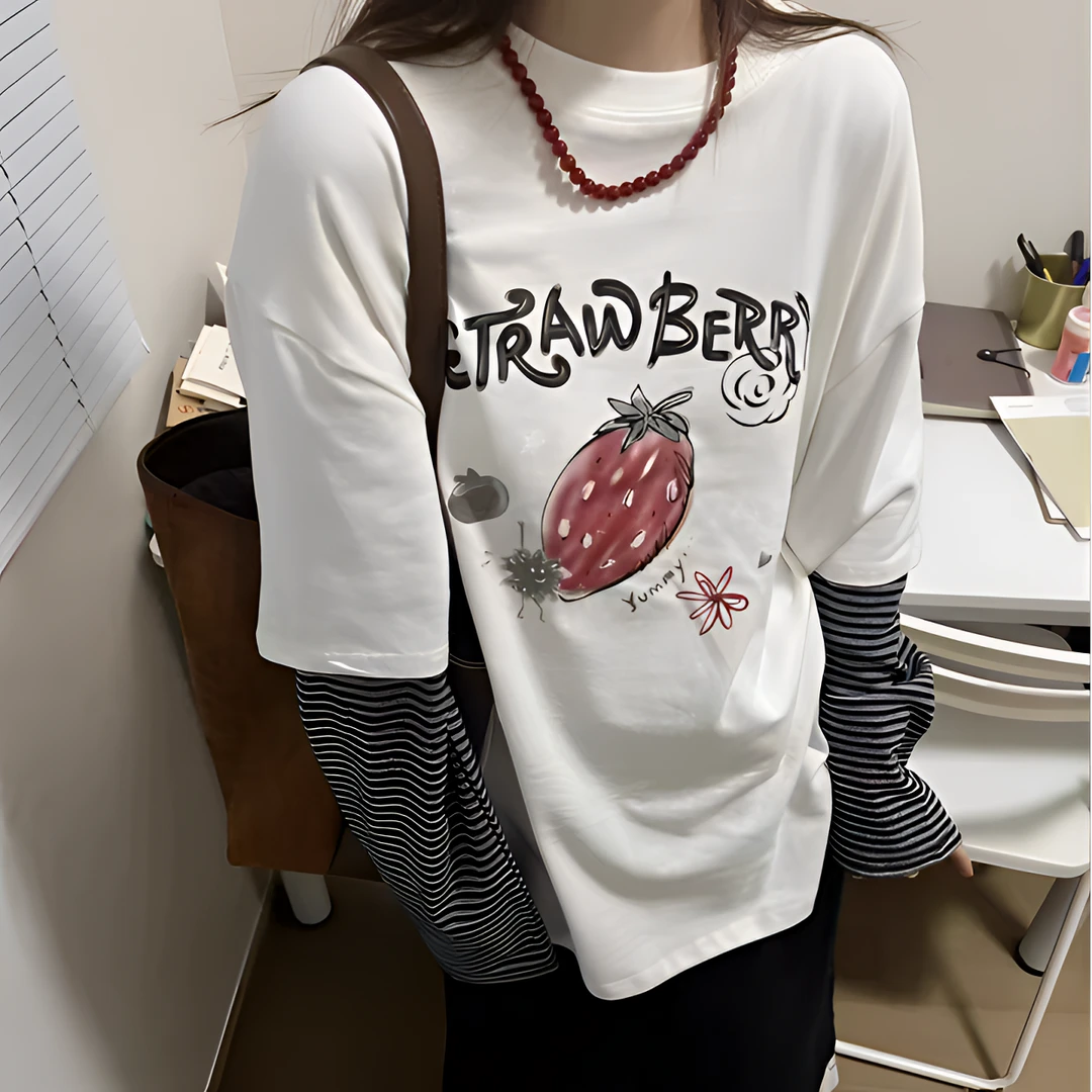 韩韵小爱优选 2025春季新款韩国东大门草莓款中长款印花长袖T恤