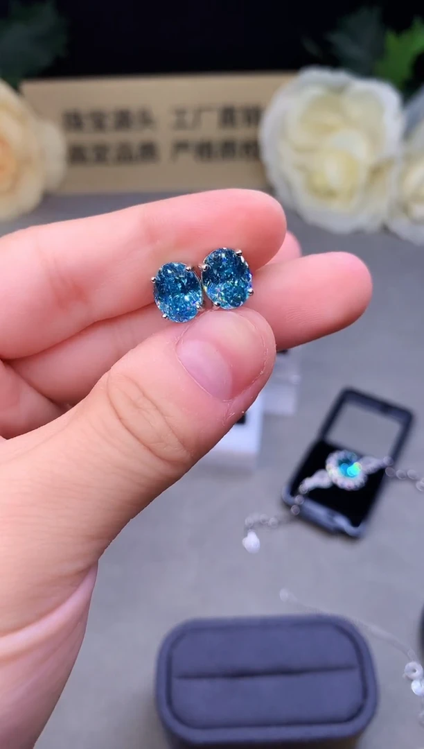 银S925镶嵌耳钉帕拉依巴碧玺5698