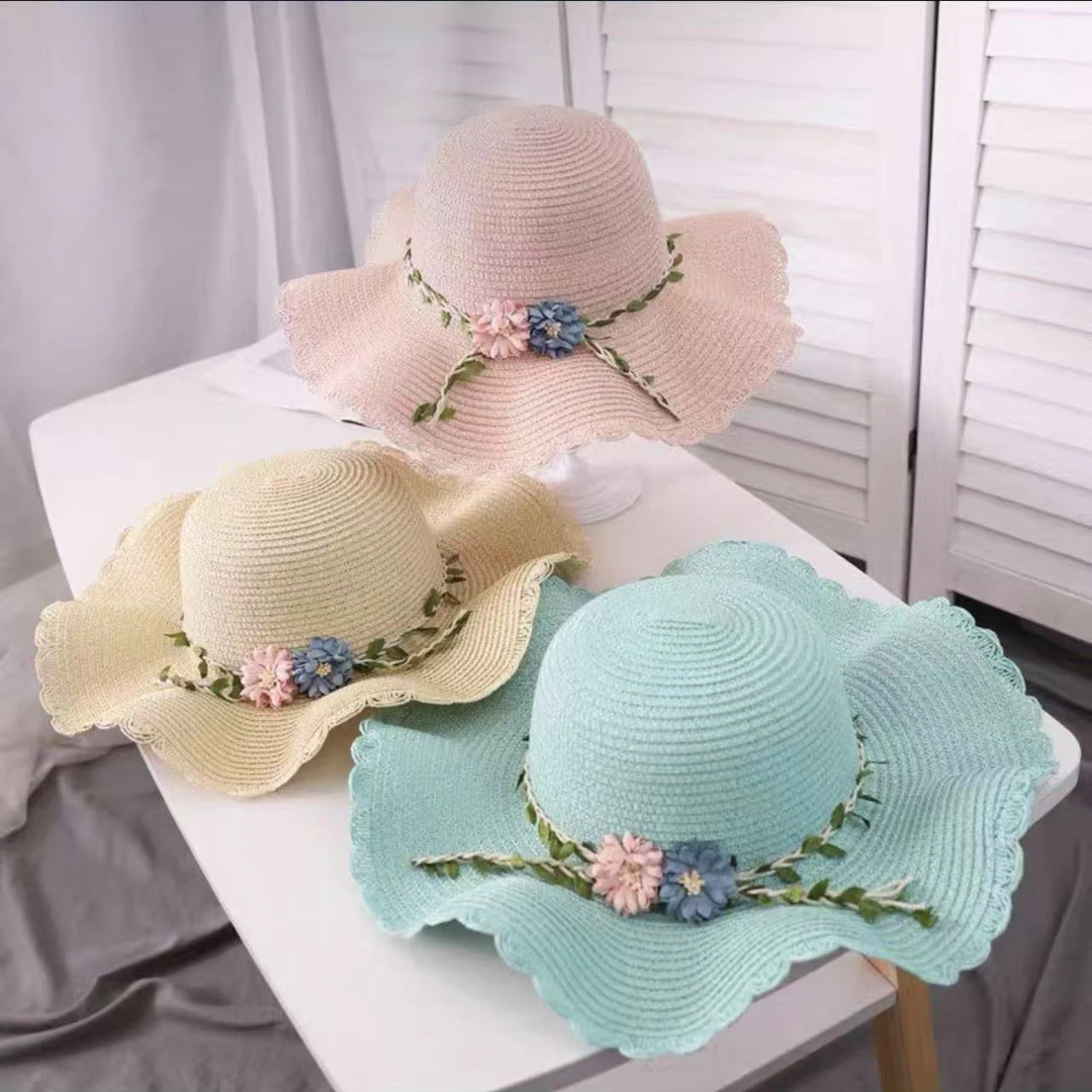 柳叶花朵草帽女波浪边大檐太阳帽夏天户外防晒帽出游遮阳帽亲子帽