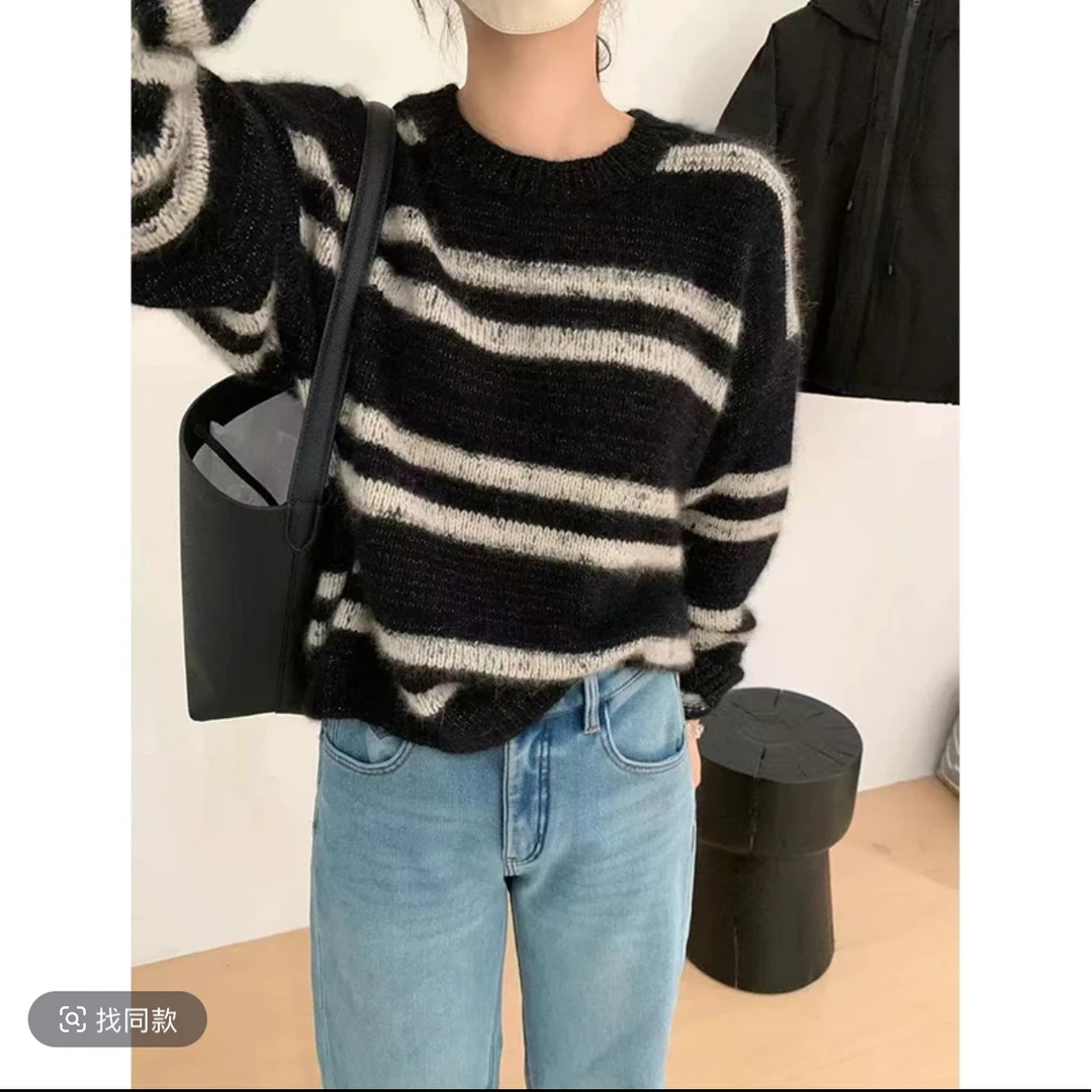 【亮丝条纹】新款韩系设计感提花亮丝针织毛衣